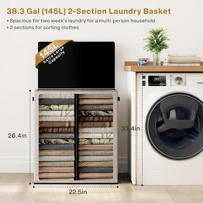 SOLEDI Luxury Double Laundry Hamper with Lid and Removable Bags, 38.3 Gal Large Laundry Bin, Laundry Basket 2 Sections, Collapsible Clothes Hamper for Bedroom, Laundry Room, Bathroom, Off-white