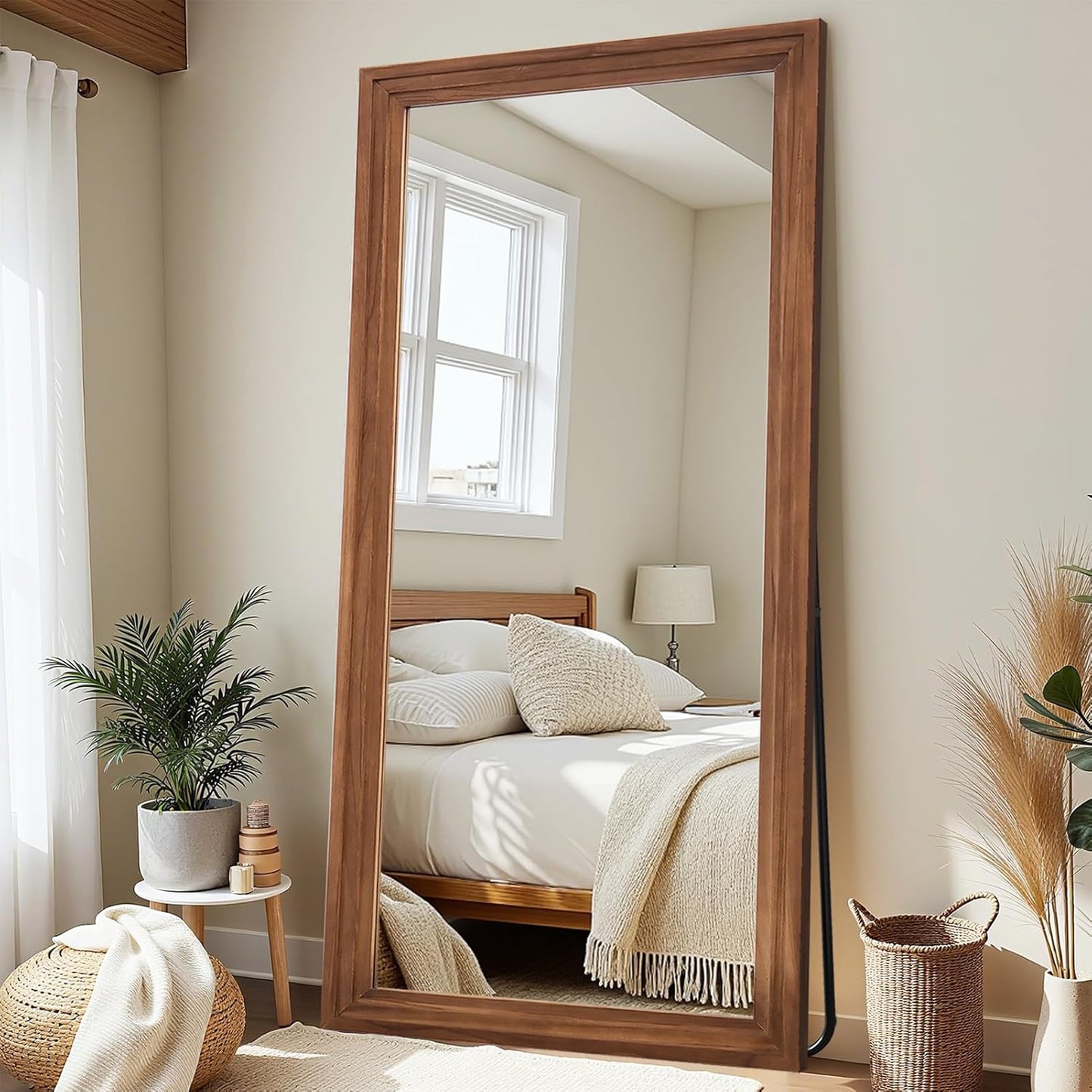 Antok Full Length Mirror with Solid Wood Frame, 71"×32" Wall Mounted Oversized Floor Mirror with Stand, Leaning Standing Hanging for Bedroom Living Room Entryway, Walnut, Arched Syle