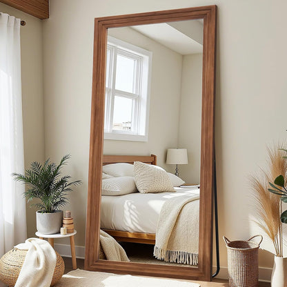 Antok Full Length Mirror with Solid Wood Frame, 71"×32" Wall Mounted Oversized Floor Mirror with Stand, Leaning Standing Hanging for Bedroom Living Room Entryway, Walnut, Arched Syle