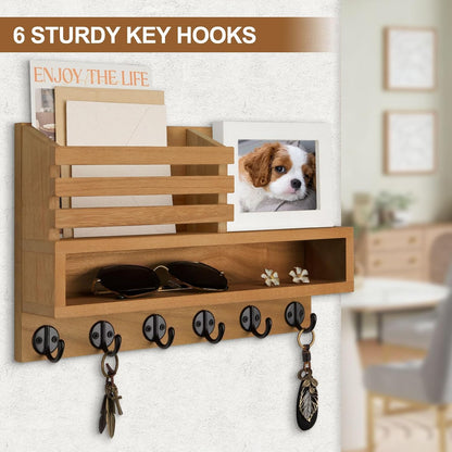 Key and Mail Holder Wall Mount, Key Hanger with Long Storage Box and 5 Hooks for Coat, Dog Leash, Home Decor Rack, House Accessories, Entry Way Organizer 11.8”W x 7.8”H x 3.2”D