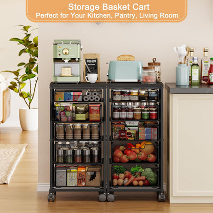 4 Tier Kitchen Rolling Cart, Kitchen Storage Cart with Wheels, Adjust Pantry Organizer and Storage Cart with Drawer, Fruit Vegetable Spice Storage Cart, Wooden Top Metal Kitchen Organizer Rack Stand
