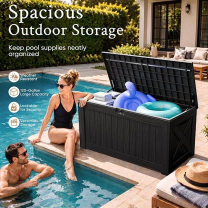 Devoko 120 Gallon Deck Box Resin Outdoor Storage Box Waterproof for Patio, Large Outdoor Storage Bench Lockable for Outside (Black)