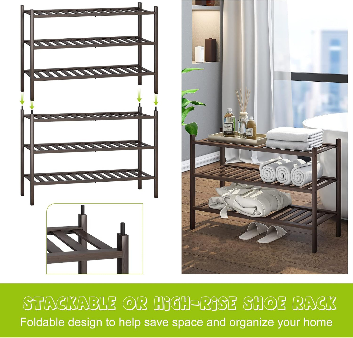 BMOSU 2-Tier Bamboo Small Shoe Rack Premium Stackable Shoe Shelf Storage Organizer for Hallway Closet Living Room Entryway Organizer (Black Bamboo)