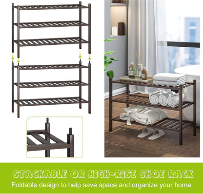 BMOSU 2-Tier Bamboo Small Shoe Rack Premium Stackable Shoe Shelf Storage Organizer for Hallway Closet Living Room Entryway Organizer (Black Bamboo)
