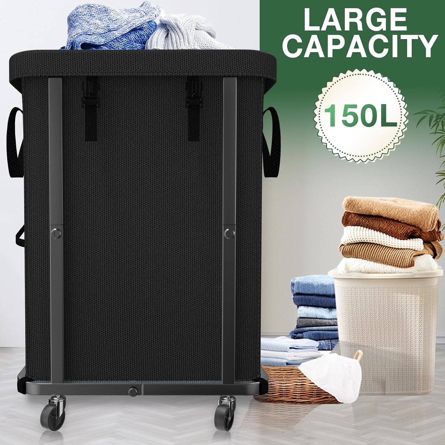 60 Gal(230L) Laundry Basket with Lid, Rolling Laundry Hamper with Wheels, Dirty Clothes Hamper with Metal Frame and Removable Bag Design, Suitable for Laundry Room, Bedroom (Black, 3 Section 230L)