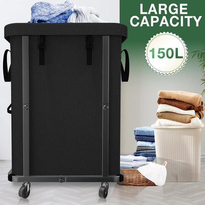60 Gal(230L) Laundry Basket with Lid, Rolling Laundry Hamper with Wheels, Dirty Clothes Hamper with Metal Frame and Removable Bag Design, Suitable for Laundry Room, Bedroom (Black, 3 Section 230L)