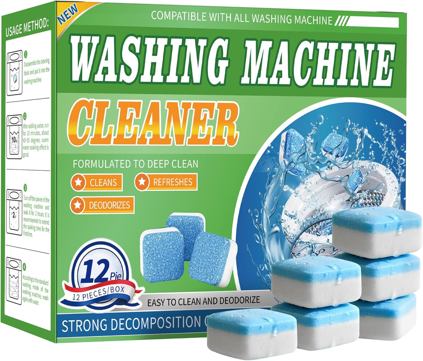 Washing Machine Cleaner Tablets 12 Pack - Deep Cleaning Tablets for HE Front & Top Load Washers, Septic Safe, Eco-Friendly, Removes Residue & Odors