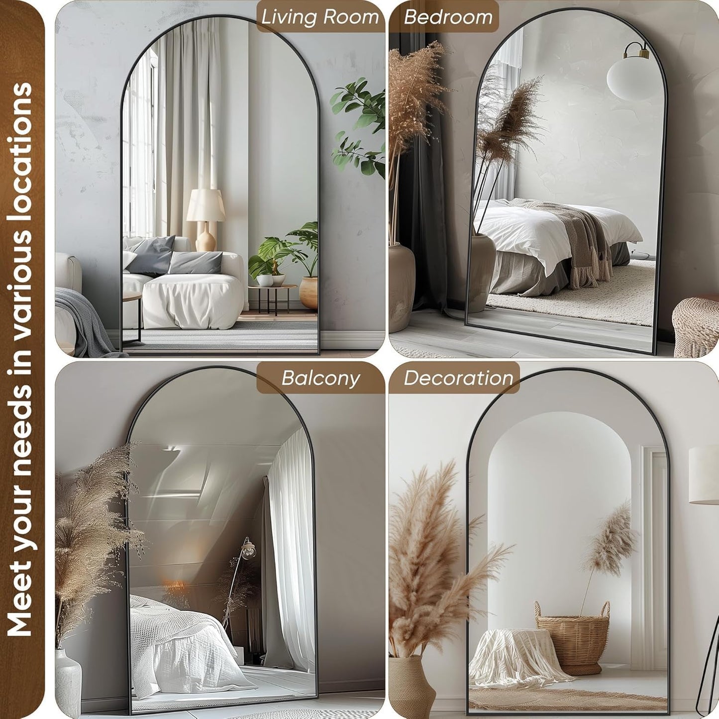 Antok 58" x19” Arched Full Length Floor Mirror, Gold Aluminum Frame, Free Standing/Wall Mount/Leaning for Bedroom, Living Room, Dressing Room