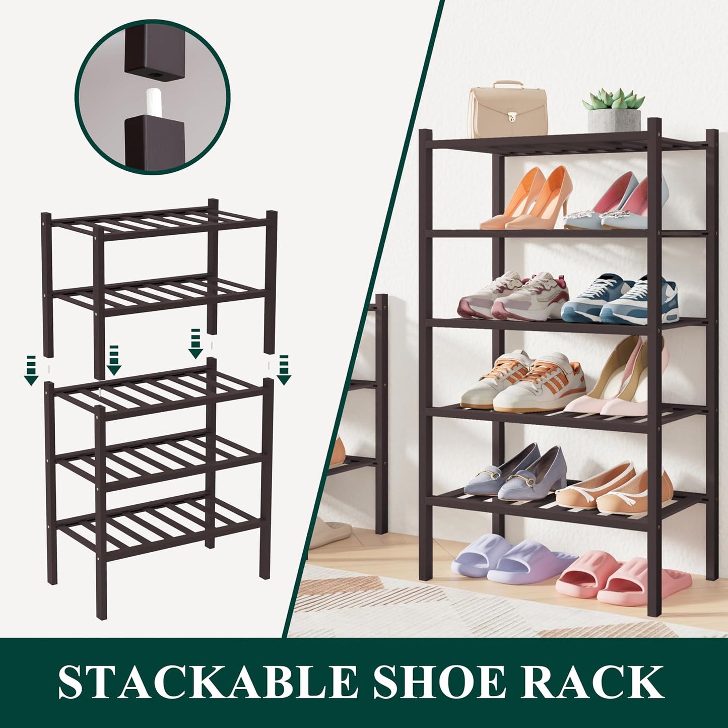 Smiry Bamboo Shoe Rack for Closet, 3 Tier Wooden Shoe Organizer, Stackable Wood Shoe Storage Shelf for Entryway, 14 Vertical Slats, One-piece Heavy-Duty Legs, 26.77"x11.02"x18.31", Natural