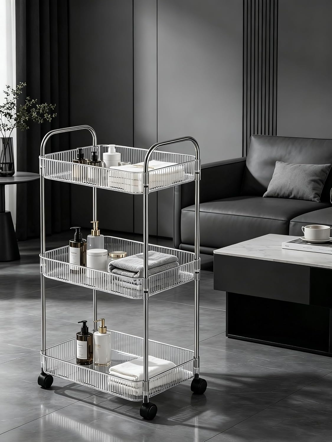 Sooyee 3 Tier Rolling Cart with Wheels, Slim Storage Cart, Under Desk Narrow Rolling Utility Cart Storage Organizer for Office Bathroom Kitchen Laundry Room Narrow Places, White, Plastic and Metal