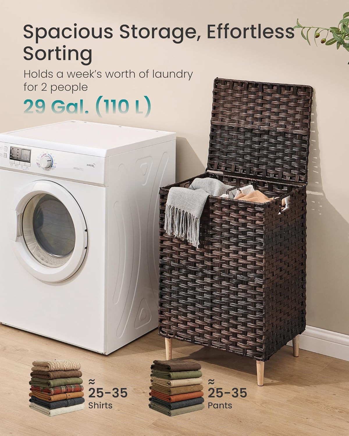 SONGMICS 3-Section Laundry Hamper with Lid, 42.2 Gal (160L) PE Rattan Laundry Basket with Removable Washable Liners, for Bedroom & Living Room, Chestnut Brown ULCB223ME01