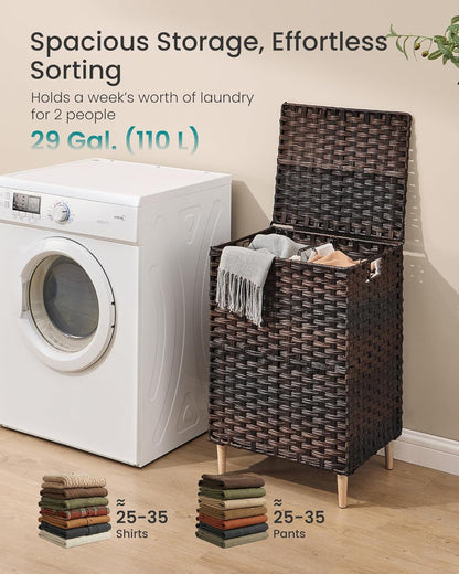 SONGMICS 3-Section Laundry Hamper with Lid, 42.2 Gal (160L) PE Rattan Laundry Basket with Removable Washable Liners, for Bedroom & Living Room, Chestnut Brown ULCB223ME01