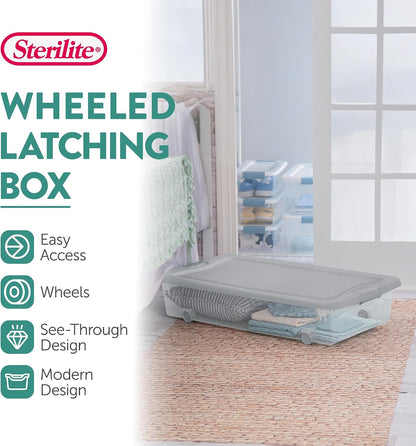 Sterilite 4-Pack 56 Quart Wheeled Latching Box, Underbed Plastic Storage Organizer, Silver - Under Bed Rolling Container Bin with Lid and Wheels for Home or Dorm Bedrooms and Closets