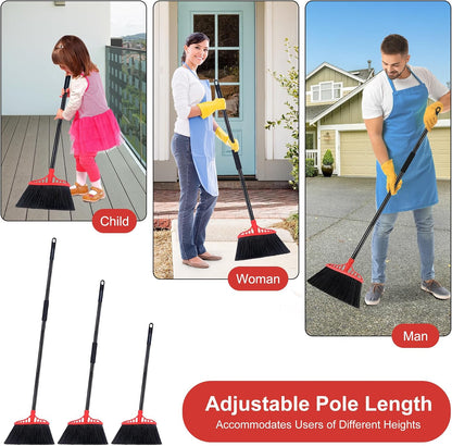 Tiumso Heavy Duty Angle Broom - 55" Adjustable Iron Handle with Stiff Bristles - Commercial-Grade Indoor/Outdoor Broom for Garage, Patio, Kitchen, Sidewalk & Concrete Cleaning (Black & Red)