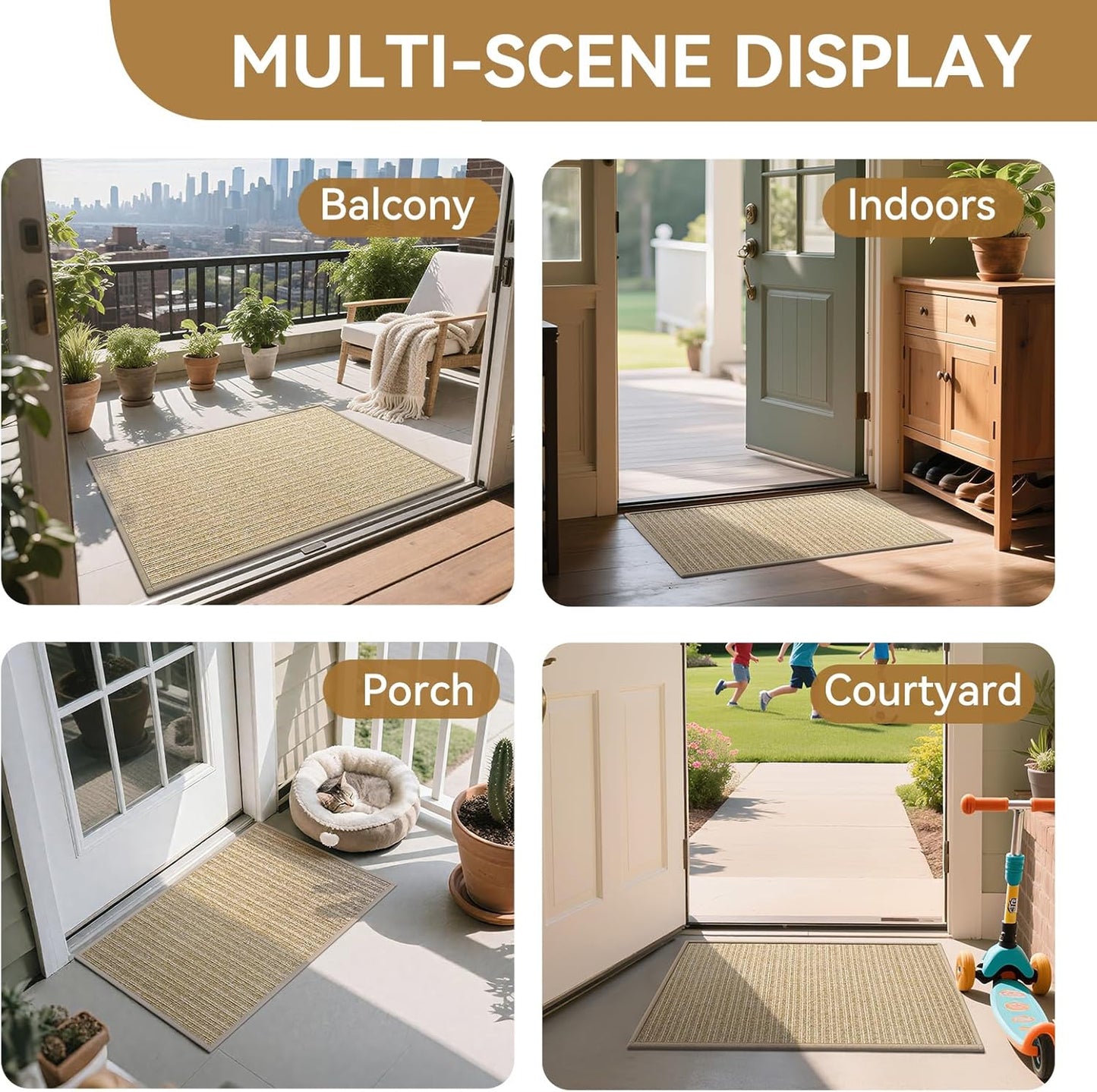 Front Door Mat 17"x30", Heavy Duty Waterproof Dirt Trapping Non-Slip Doormats, Low Profile Entrance Mats for Front Indoor/Outdoor, Brown