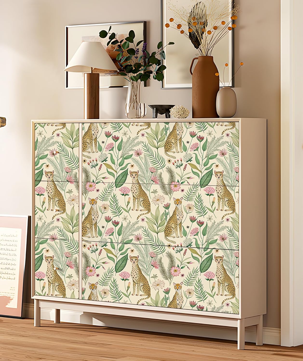Floralplus Peel and Stick Wallpaper Leopard Jungle Removable Wallpaper for Bathroom Renter Friendly Wallpapers Self Adhesive Animal Floral Contact Paper for Accent Wall 17.5 x 118 in