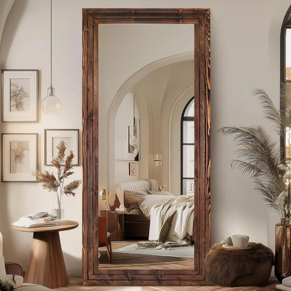 65"x22" Full Length Mirror Solid Wood Frame Floor Mirror with Stand for Living Room, Bedroom Hanging Standing or Leaning, Brown