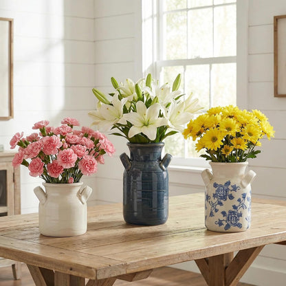 Ceramic Vase Set of 3 with Handles, Green White Neutral Rustic Modern Farmhouse Boho Decor, Versatile as Table Centerpiece or Mantel & Shelf Accent - Unique Home Gift Idea