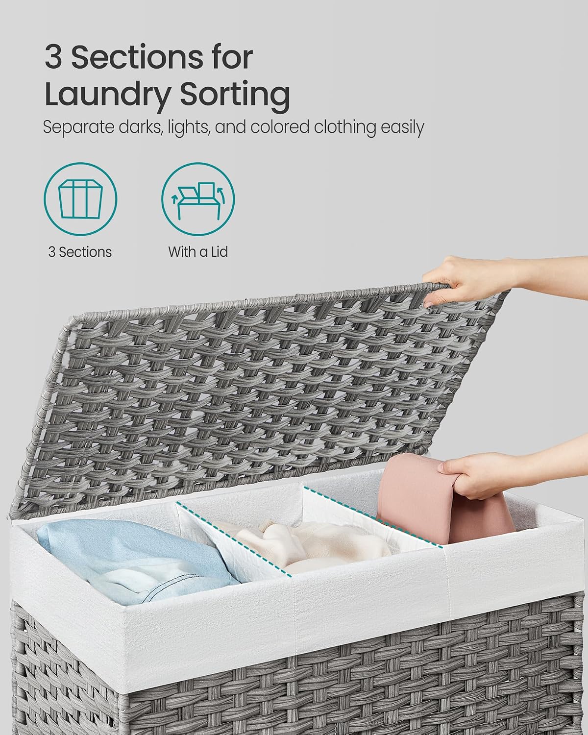 SONGMICS Laundry Hamper with Lid, 37 Gallons (140 L), Rolling Laundry Basket with Wheels, 3-Section Synthetic Rattan, Removable Liner, Bedroom, 26 x 13 x 26 Inches, Gray ULCB363G01