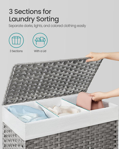 SONGMICS Laundry Hamper with Lid, 37 Gallons (140 L), Rolling Laundry Basket with Wheels, 3-Section Synthetic Rattan, Removable Liner, Bedroom, 26 x 13 x 26 Inches, Gray ULCB363G01