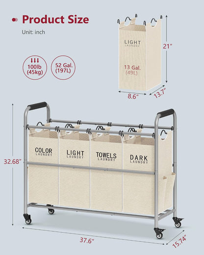 Tajsoon 4 Bag Laundry Sorter Cart, 4 Section Laundry Hamper Sorter with Heavy Duty Lockable Rolling Wheels, Laundry Separator Hamper with Removable Bags for Dirty Clothes Storage, Black