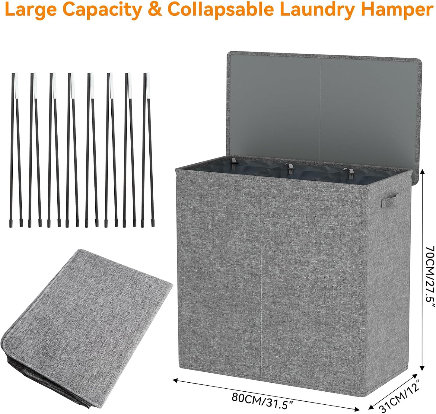 WOWLIVE 180L Laundry Hamper with Lid 3 Section,Large Laundry Basket with Removable Bags and Handles,Collapsible Dirty Clothes Hampers for Laundry,Laundry Basket Organizer for Laundry Room,Dorm,Beige