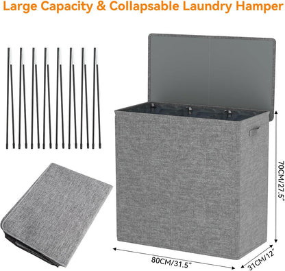 WOWLIVE 180L Laundry Hamper with Lid 3 Section,Large Laundry Basket with Removable Bags and Handles,Collapsible Dirty Clothes Hampers for Laundry,Laundry Basket Organizer for Laundry Room,Dorm,Beige