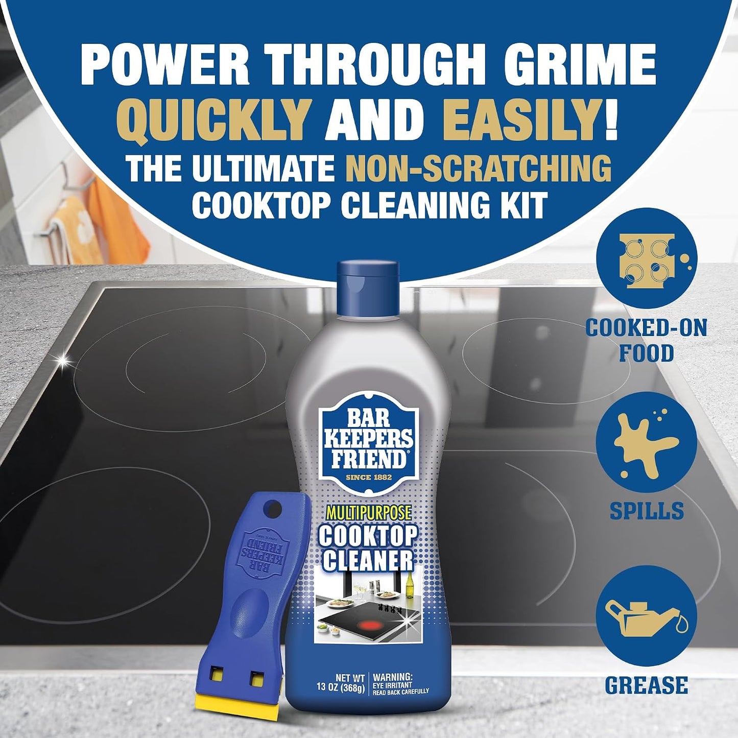 Bar Keepers Friend Cooktop Cleaner (2 x13 oz) + Scraper - Multipurpose Liquid Stovetop Cleanser, Safe for Use on Glass & Ceramic Cooking Surfaces, Copper, Brass, Chrome, Stainless Steel & Porcelain