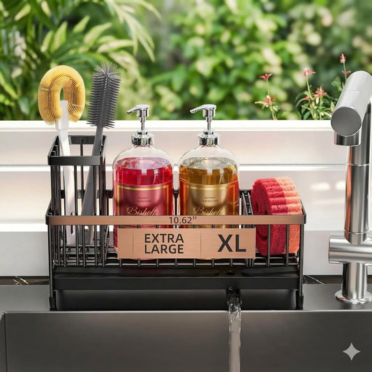 ✪®Premium Extra Large Kitchen Sink Organizer Caddy - Premium Stainless Steel Sponge Holder, Dish Brush Rack & Soap Dispenser Tray for Countertop Storage (Black)