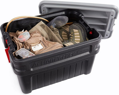 Rubbermaid ActionPacker 35 Gallon, Made in USA, Lockable Plastic Storage Bin with Lid and Wheels- Outdoor, Industrial, Rugged, Camping Gear and Truck Bed Storage - Gray and Black