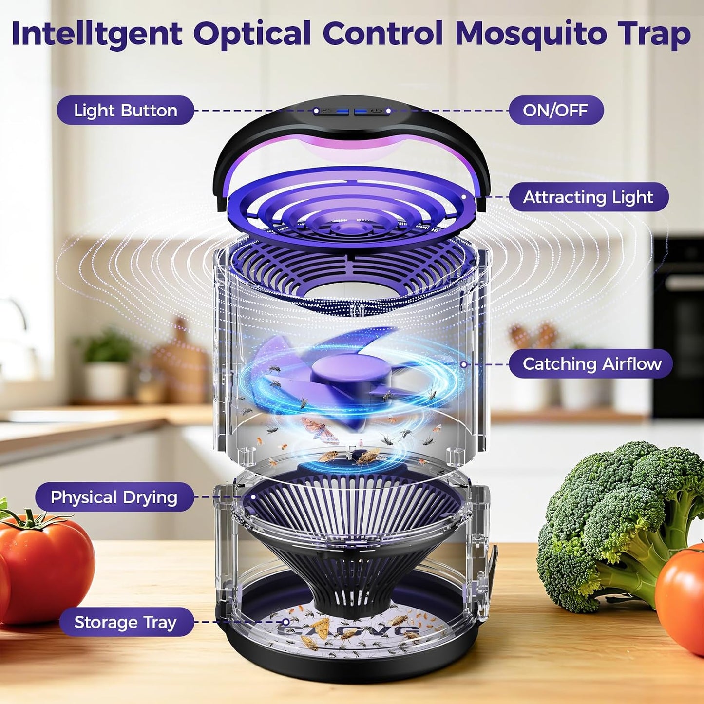 Fly Trap Indoor, Fruit Fly Traps for Indoors with Suction & Adjust Light | Plug-in Gnats Killer Catcher with 365-395 nm Wavelengths for House Flies, Mosquito, Bug, Gnats, Low Noise, 10 Refills, Black