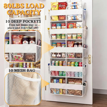 Over The Door Organizer, 5-Tier Extra Large Behind Door Storage with 10 Big Front & 10 Mesh Pockets, 80lb Capacity, Hanging Storage Organizer with Clear Window Kids Toys, Shoes, Diapers, Light Grey