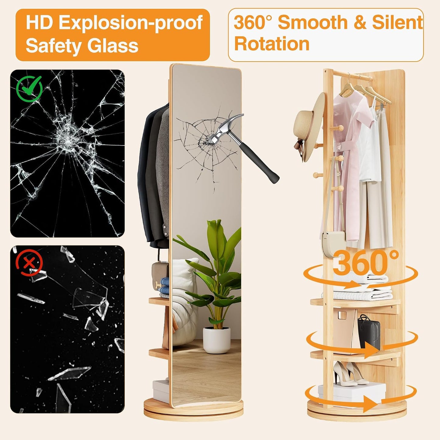 Full Length Mirror with Coat Rack & Storage, 360° Rotating Solid Wood Standing Floor Mirror with Shelves for Bedroom, Entryway, Dressing Room (Natural Wood, 66" x 18")