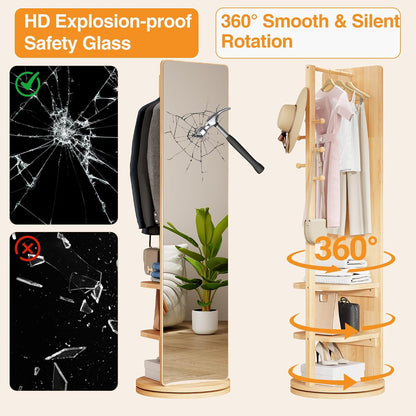 Full Length Mirror with Coat Rack & Storage, 360° Rotating Solid Wood Standing Floor Mirror with Shelves for Bedroom, Entryway, Dressing Room (Natural Wood, 66" x 18")