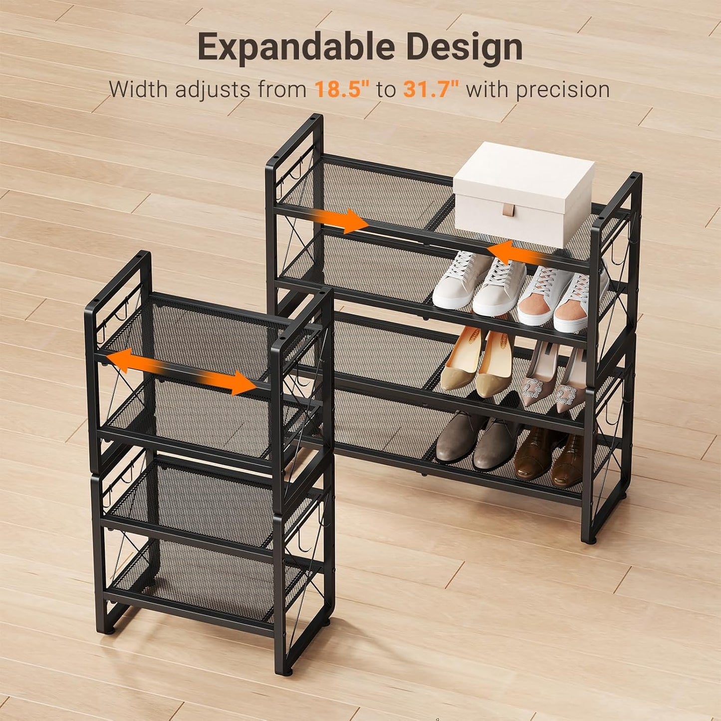 ELYKEN Shoe Rack, 2-Tier Expandable Shoe Organizer for Closet, Metal Black Shoe Shelf with 4 Hooks, Adjustable Shoe Stand Holder for Entryway, Garage, Door Entrance