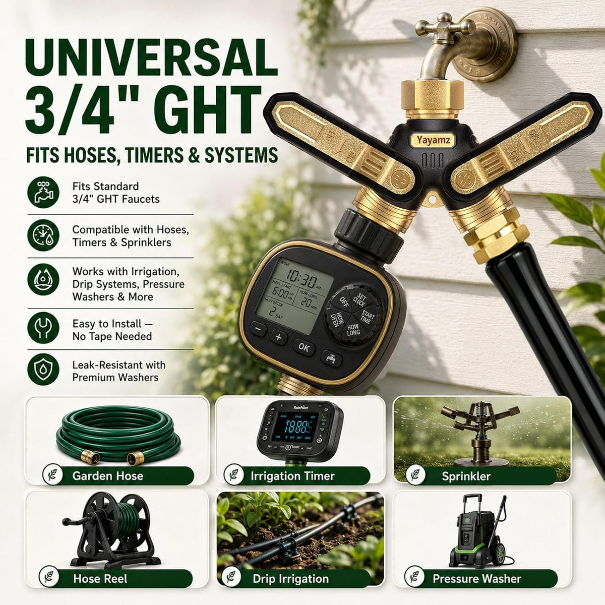 Garden Hose Splitter 2 Way,Heavy Duty All Metal Water Hose Y Splitter | Shut Off Valves,3.6" Easy-Turn Handles,Full Flow Leak-Resistant 3/4" GHT Outdoor Faucet Splitter for Lawn,Garden & Irrigation