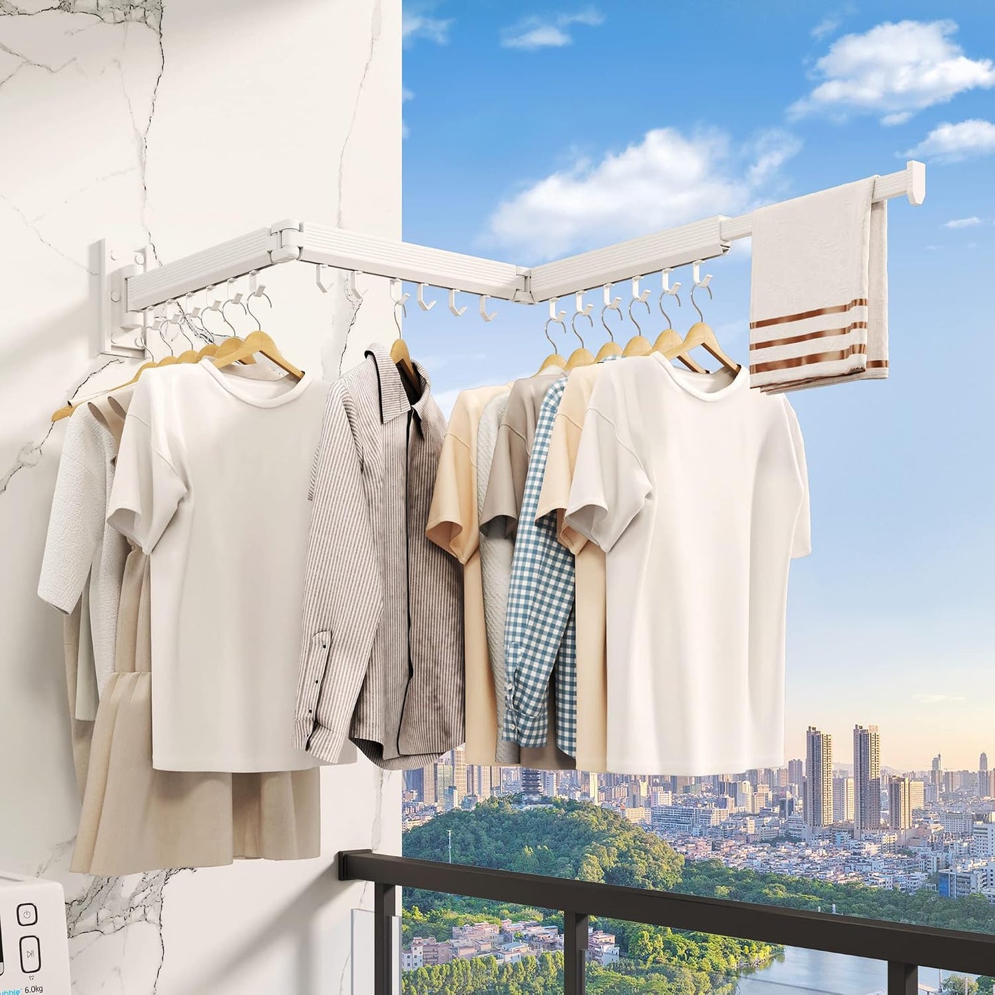 Wall Mounted Tri-Fold Clothes Drying Rack, Heavy Duty Collapsible Laundry Drying Rack, Space-Saving Retractable Foldable Drying Rack Clothes for Laundry Room Balcony Bathroom,Black-Hooks