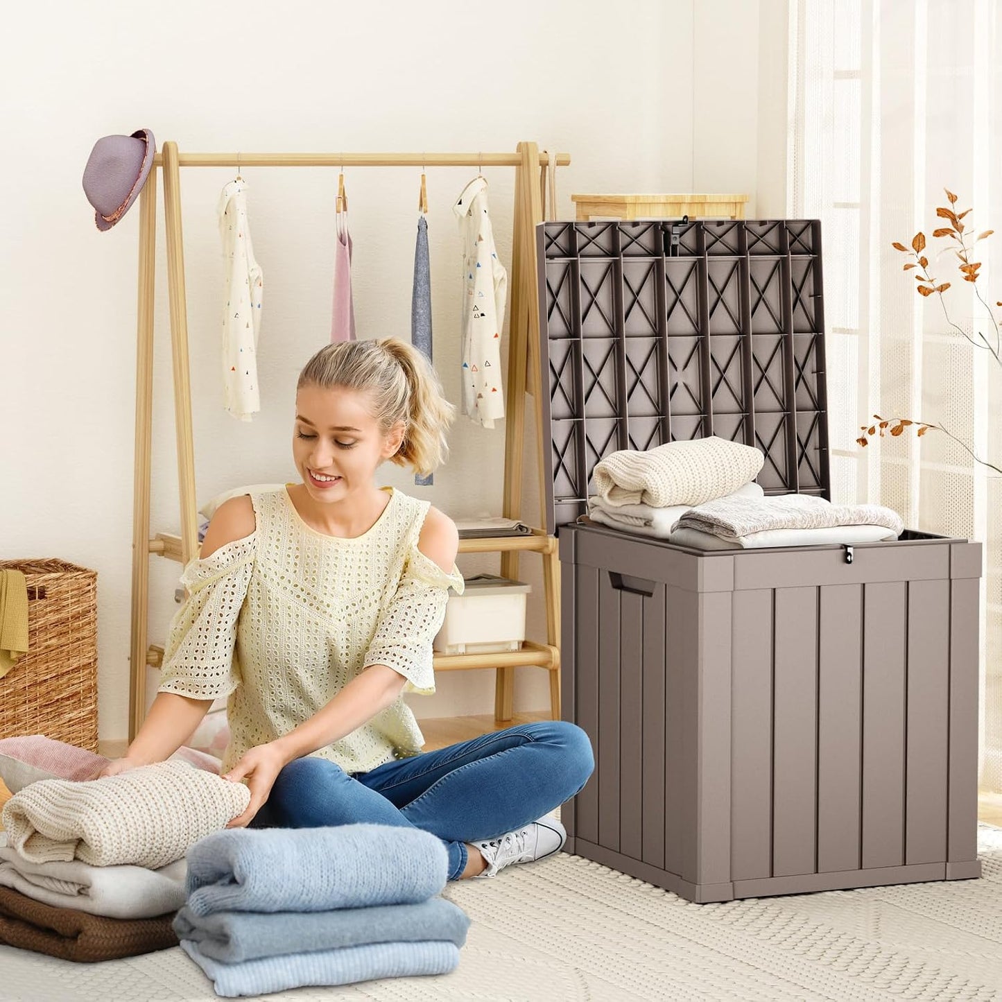 ROJIK 55Gal Outdoor Storage Box Waterproof Deck Box | Heavy-duty UV-resistant resin, space-saving for balcony/patio, stores cushions/tools/pool gear, lockable lid as table/bench
