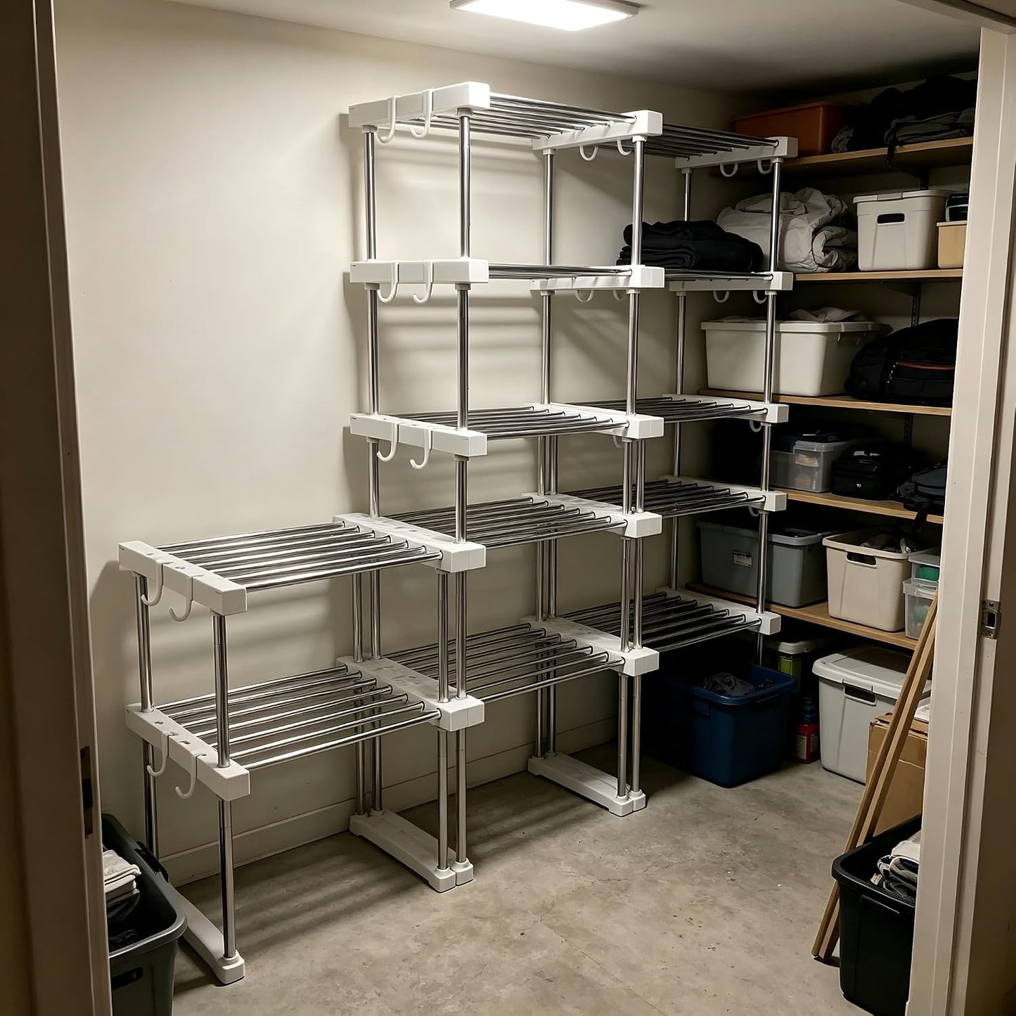 BLULEE Expandable Under Sink Organizer, 2-Tier Adjustable Storage Shelf | Heavy-Duty Stainless Steel Cabinet Rack for Kitchen Pantry & Bathroom Vanity, Stackable Organization System