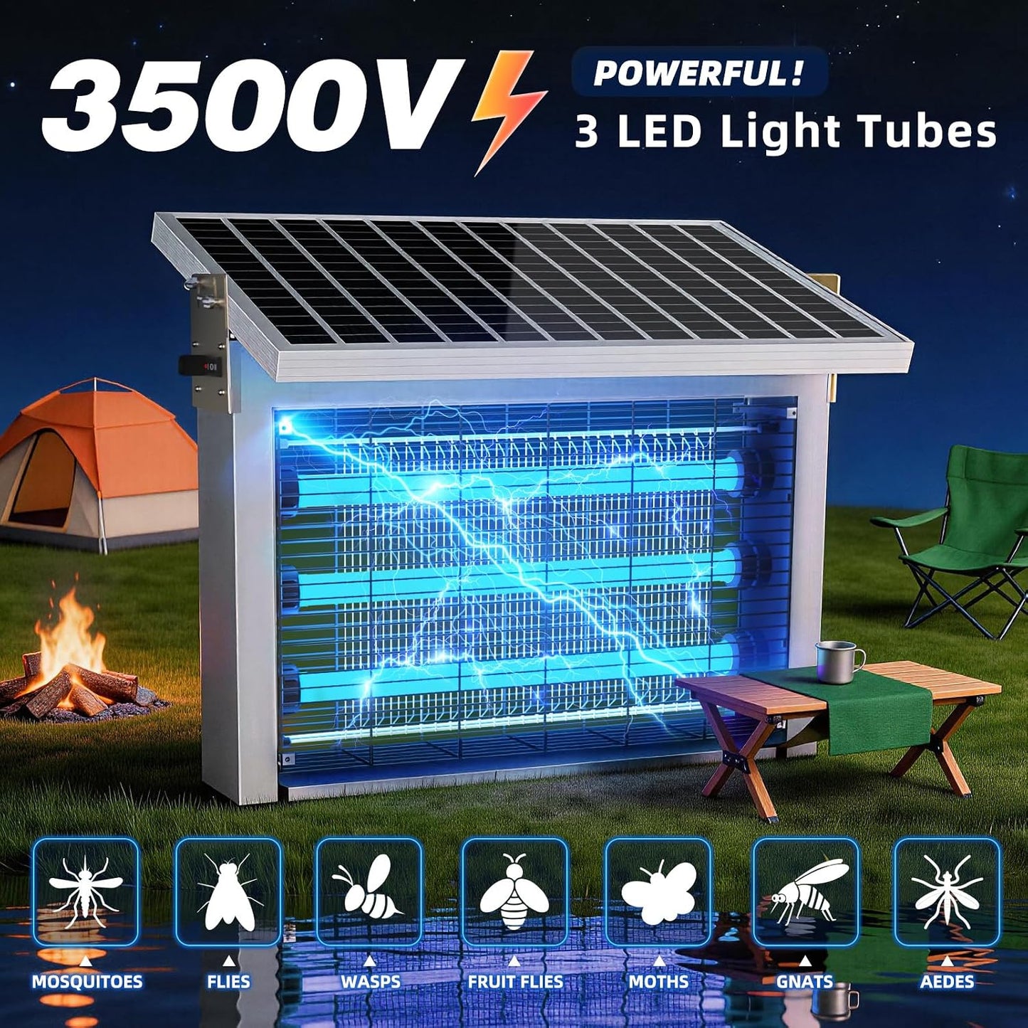 Powerful Large Solar Bug Zapper for 3000 sq.ft with 13FT Extension Cord | Rechargeable Outdoor Mosqutio Killer with 13W Solar Panel, Waterproof Solar Bug Zapper for Patio Garden Backyard RV Camping