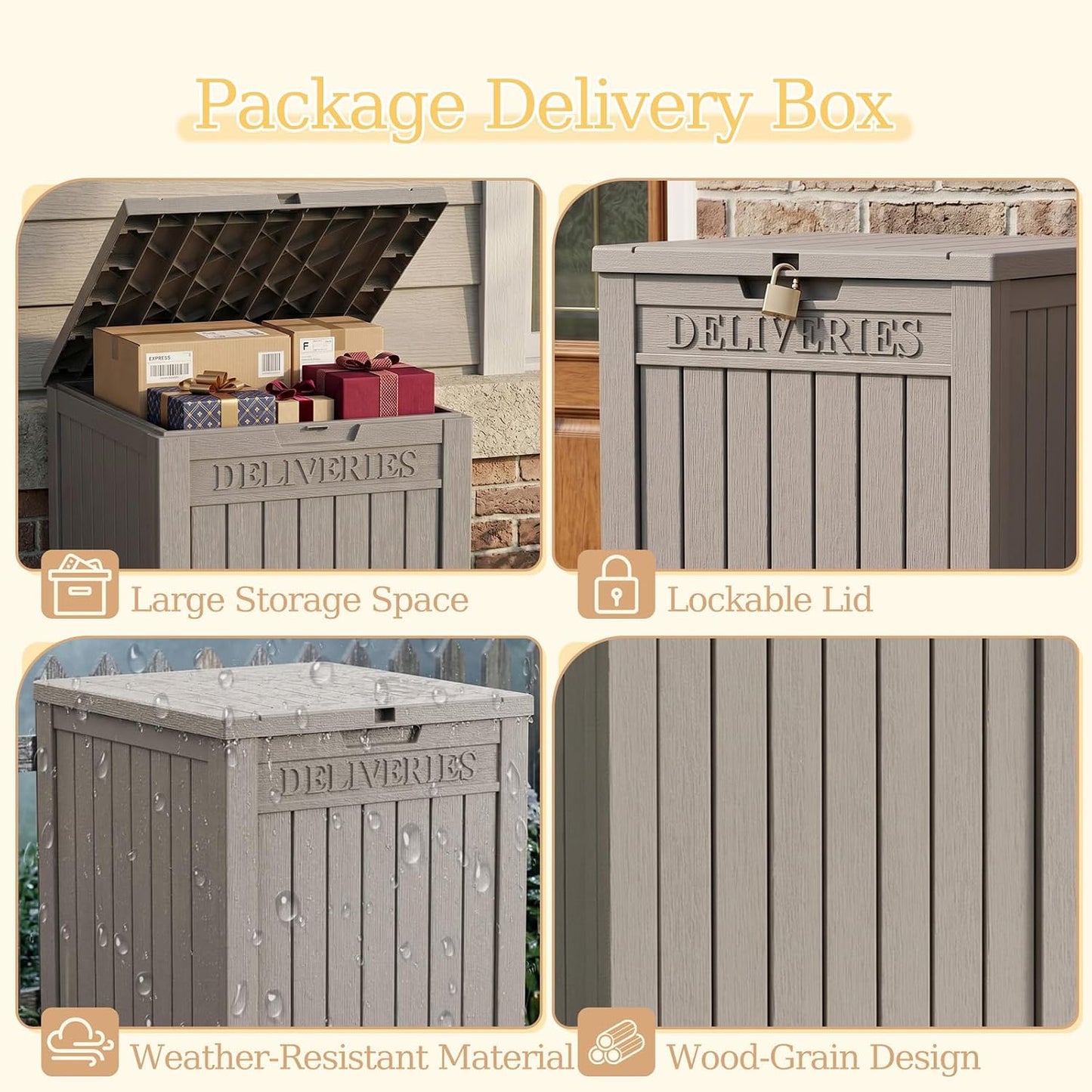 Outdoor Storage Box, 90 Gallon Package Delivery Boxes for Outside, with Lockable Secure, Deck Box Outdoor Waterproof for Entryway, Front Porch, Backyard, Garden, Patio, Lawn, Black