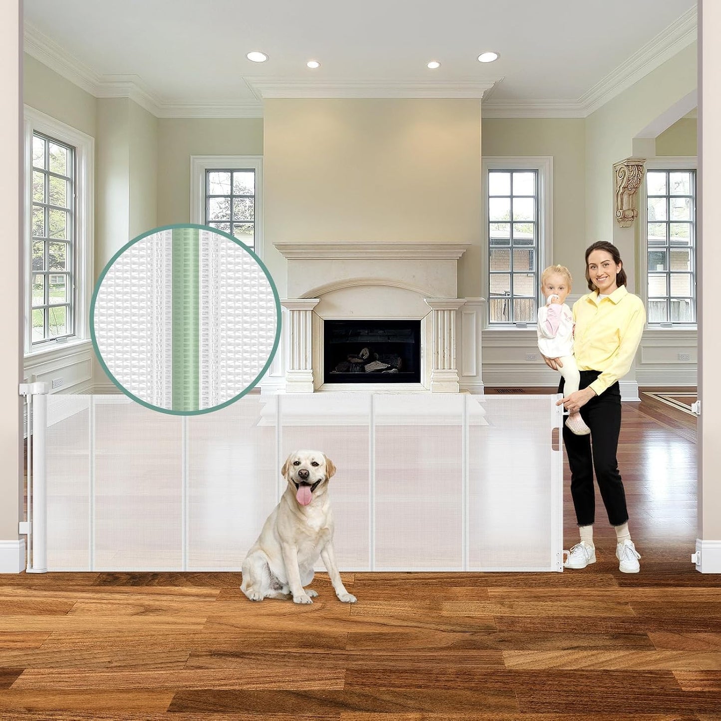 Reinforced 55" Wide Retractable Baby Gates with Reinforced Strips, Indoor/Outdoor Retractable Dog Gate for Doorway Prevent Bottom Drilling Through, No Bottom Bar Safety Mesh Baby Gate for Stair, Black
