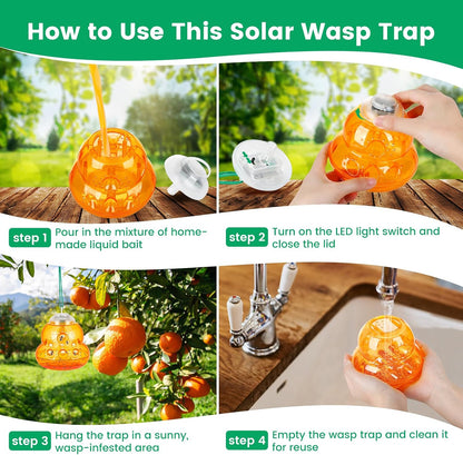 Solar Wasp Trap with Blue LED Light, Non-Toxic Reusable Hornet & Yellow Jacket Catcher, Outdoor Hanging Wasp Killer, 2 Pack - Amber