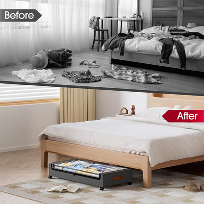 Yecaye Under Bed Storage with Wheels, 2 Pack Under Bed Storage Containers, 60L Underbed Shoe Storage with Clear Window & Label, Rolling Under Bed Metal Drawer for Clothes, Shoes, Books, Blankets