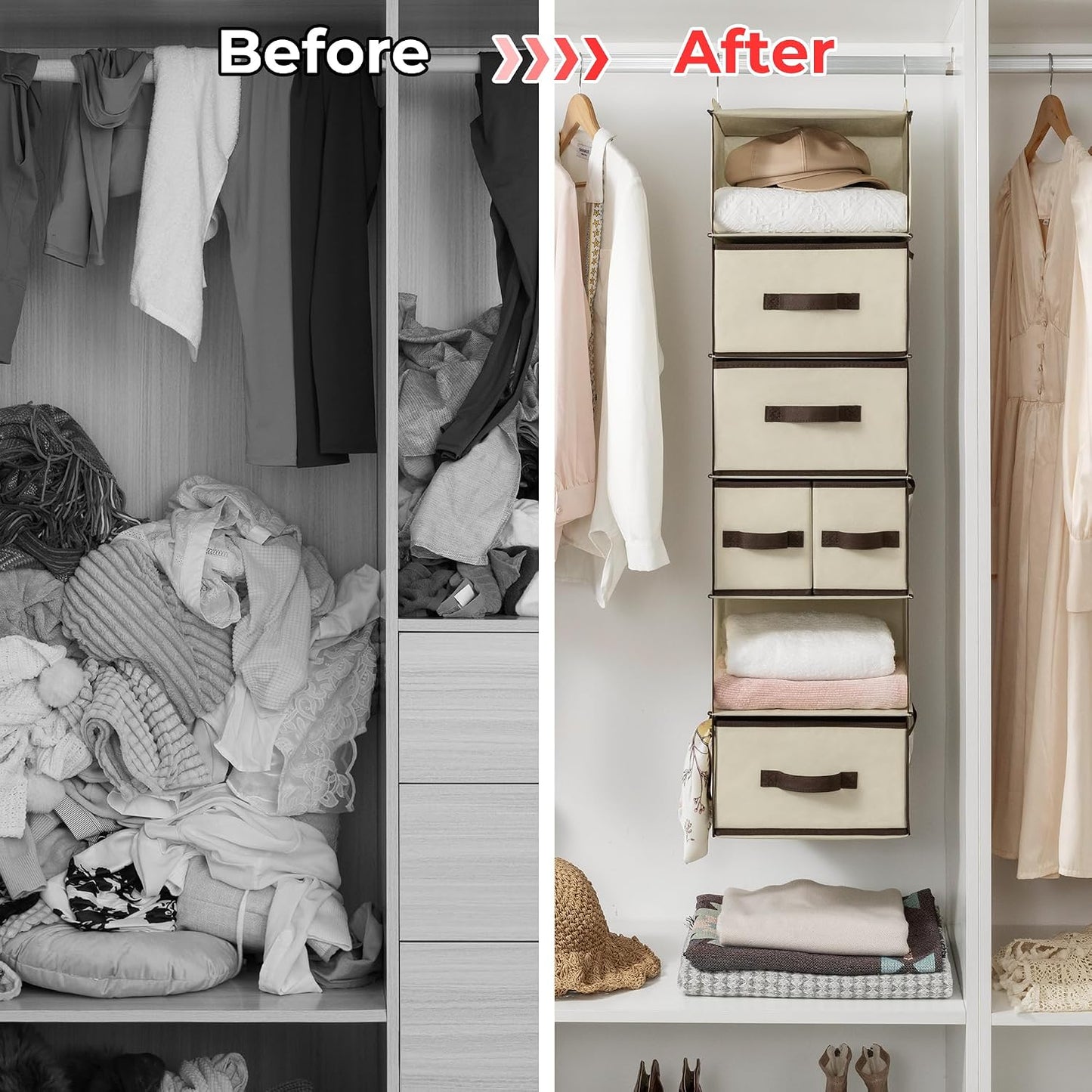 GRANNY SAYS Hanging Closet Organizer 6 Shelves, Closet Organizers and Storage with 5 Drawers, 6 Side Pockets Closet Hanging Organizer, Hanging Storage Organizer for Closet, Baby Clothes, Gray
