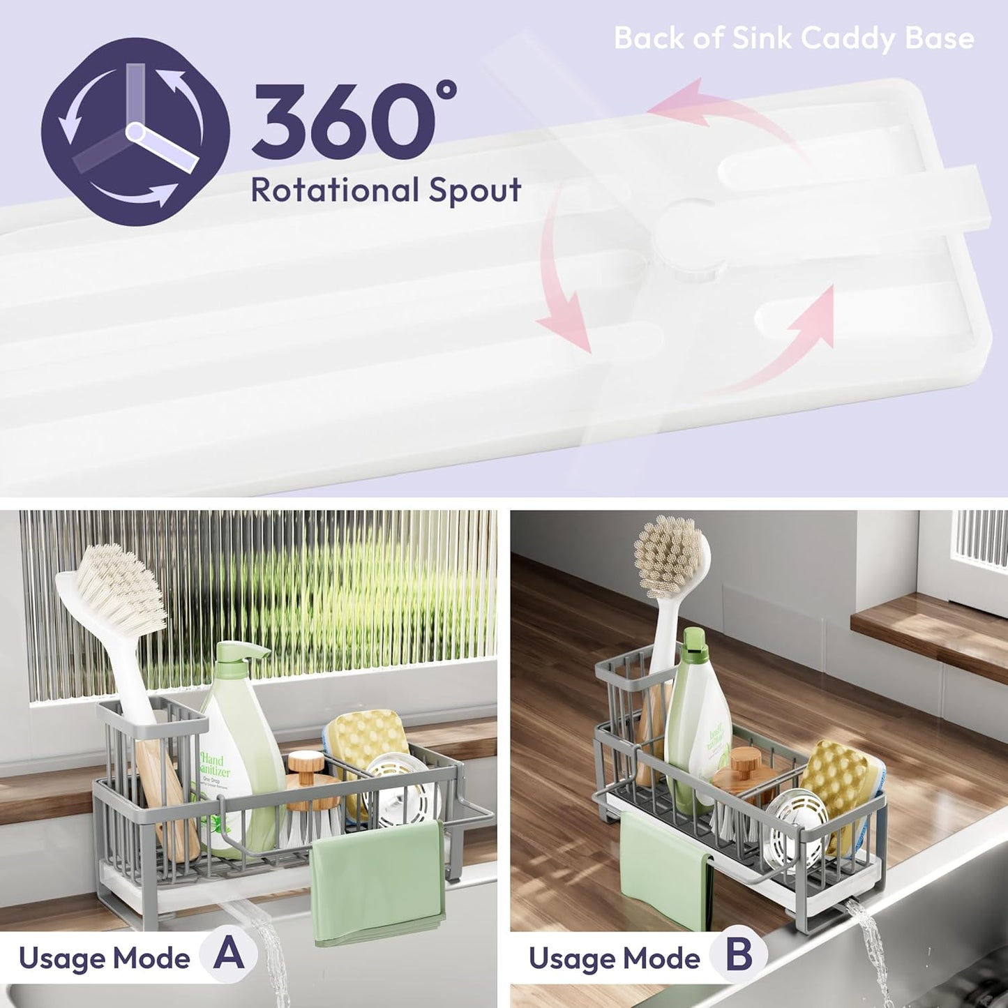 SWTYMIKI Sink Caddy Sponge Holder - Large Sponge Holder for Kitchen Sink with 360°Auto-Drain Tray, Rustproof Stainless Steel Kitchen Organizer Caddy for Countertop Organization