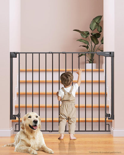 Cumbor 29.2–43" Baby Gate for Stairs, Hardware Mounted (Drill Required), Expandable No Bottom Bar Dog Gate, Auto Close Extra Wide Walk Thru, Pet & Toddler Proof Gate, Top & Bottom of Stairways (White)