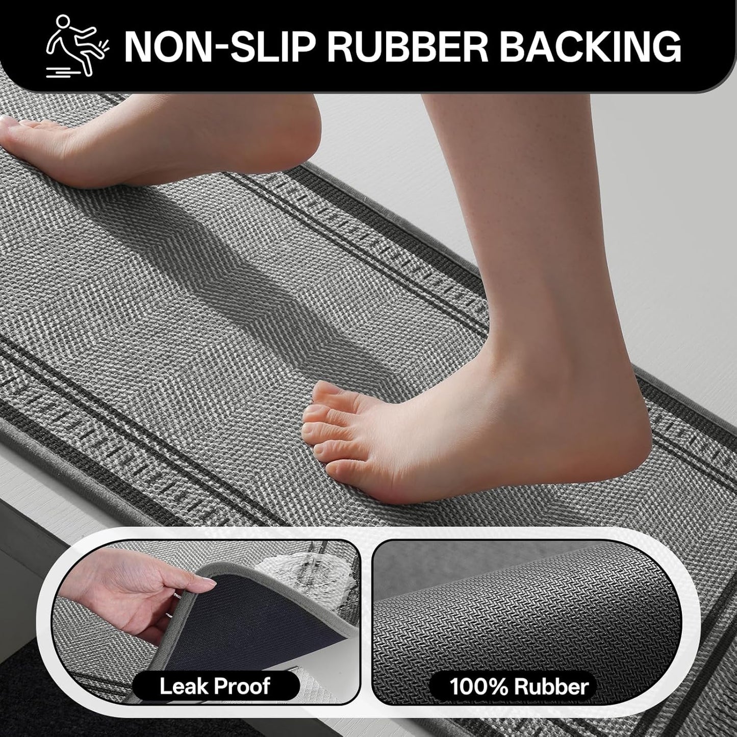 Non Slip Bath Mat with Rubber Backing, Absorbent Quick Dry Bath Rugs Washable, Thin Bathroom Rugs Fit Under Door for Bathroom Floor, Shower and Sink, 16"×24", Grey