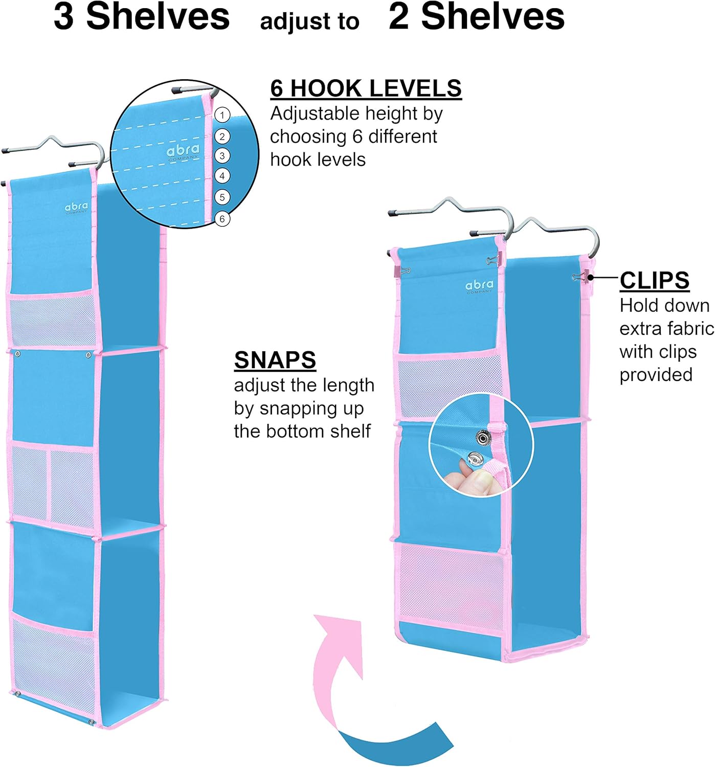 ABRA® 3 Shelf Hanging Locker Organizer for School, Gym, Work, Storage | Deep Shelves 6”x 9”| Eco-Friendly Fabric Healthy for Children | Adjustable School Locker Shelf 3 to 2 Shelves (Pink)