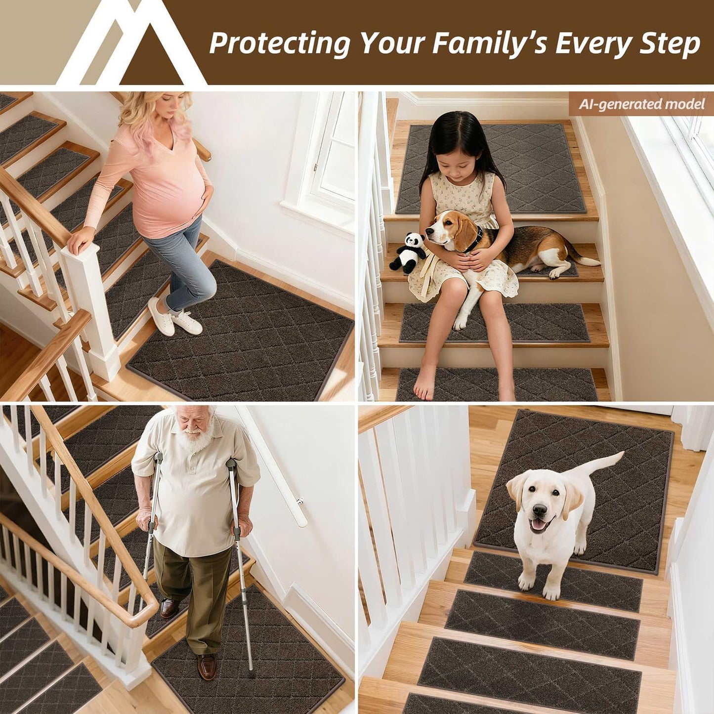 COSY HOMEER Edging Stair Treads Non-Slip Carpet Mat 28inX9in Indoor Stair Runners for Wooden Steps, Edging Stair Rugs for Kids and Dogs, 100% Polyester TPE Backing(4pc, Beige)